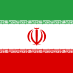 Flag of Iran, a green–white–red tricolor with a red emblem in the center and Kufic-script borders along the white bands.