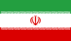 Flag of Iran, a green–white–red tricolor with a red emblem in the center and Kufic-script borders along the white bands.