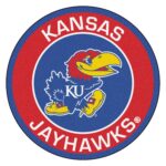 Kansas Jayhawks logo with blue outer ring, red middle ring, and a cartoon bird in the center containing the 'KANSAS' text.