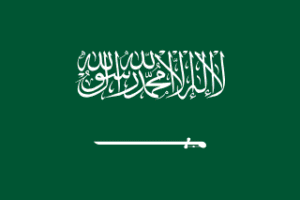 Flag of Saudi Arabia: green field with white Shahada (Islamic creed) above a horizontal white sword on bottom.
