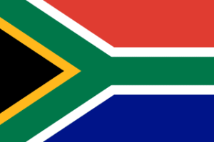 Flag of South Africa with a green Y-shaped band bordered in white and gold, black triangle at the hoist, red on top and blue on bottom.