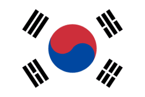Flag of South Korea: white field with a red and blue Taegeuk in the center and four black trigrams at the corners.