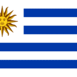 Flag of Uruguay: Sun of May in the upper-left corner with nine alternating blue and white horizontal stripes.