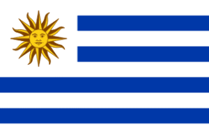 Flag of Uruguay: Sun of May in the upper-left corner with nine alternating blue and white horizontal stripes.