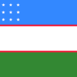 Flag with a blue canton containing a crescent and 12 stars, followed by a white stripe, thin red separator, and a green field (Uzbekistan flag).