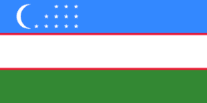Flag with a blue canton containing a crescent and 12 stars, followed by a white stripe, thin red separator, and a green field (Uzbekistan flag).