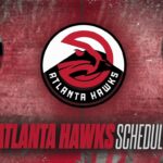 Central Hawks logo with 'ATLANTA HAWKS' text and two side logo silhouettes on a red textured background, plus 'ATLANTA HAWKS SCHEDULE' text below.