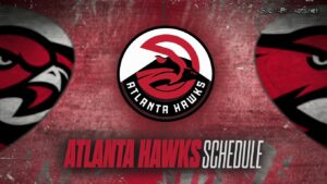 Central Hawks logo with 'ATLANTA HAWKS' text and two side logo silhouettes on a red textured background, plus 'ATLANTA HAWKS SCHEDULE' text below.