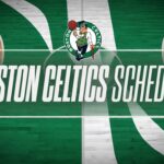 Graphic showing 'BOSTON CELTICS SCHEDULE' over a green basketball court with the Celtics logo and a SportsBrackets.net watermark.