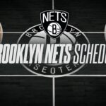 Brooklyn Nets basketball schedule graphic over a dark court with team logo in center and white outlined layout text across the middle.