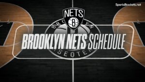 Brooklyn Nets basketball schedule graphic over a dark court with team logo in center and white outlined layout text across the middle.