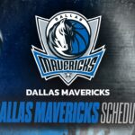 Dallas Mavericks logo with team name and 'Dallas Mavericks Schedule' text on a blue/gray background