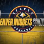 Denver Nuggets schedule graphic with the team logo centered on a basketball court background.
