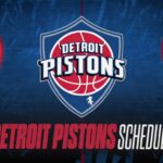 Centered Detroit Pistons logo on a blue background with 'Detroit Pistons Schedule' text at the bottom.