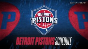 Centered Detroit Pistons logo on a blue background with 'Detroit Pistons Schedule' text at the bottom.