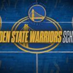 'Golden State Warriors Schedule' banner over a blue basketball court with the team logo and SportsBrackets.net watermark.