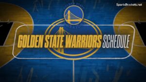 'Golden State Warriors Schedule' banner over a blue basketball court with the team logo and SportsBrackets.net watermark.
