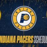 Indiana Pacers logo centered with 'INDIANA PACERS SCHEDULE' in bold yellow text on a blue background?