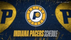 Indiana Pacers logo centered with 'INDIANA PACERS SCHEDULE' in bold yellow text on a blue background?