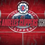 Graphic banner showing Los Angeles Clippers schedule on a red basketball court with the team logo at center and 'SportsBrackets.net' watermark in the top-right corner.