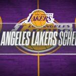Graphic showing 'LOS ANGELES LAKERS SCHEDULE' over a purple basketball court with the Lakers logo in the center and a SportsBrackets.net watermark