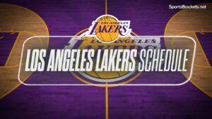 Graphic showing 'LOS ANGELES LAKERS SCHEDULE' over a purple basketball court with the Lakers logo in the center and a SportsBrackets.net watermark