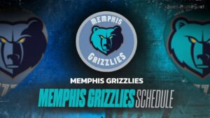 Memphis Grizzlies logo with team name and schedule text on a blue gradient background.