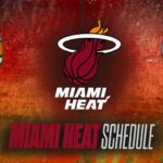 Centered Miami Heat logo with a flaming basketball and halo, white 'MIAMI HEAT' text above, and bold red 'MIAMI HEAT SCHEDULE' text on a fiery red background with side logos.