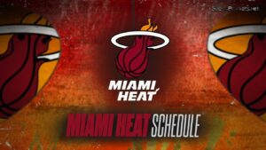 Centered Miami Heat logo with a flaming basketball and halo, white 'MIAMI HEAT' text above, and bold red 'MIAMI HEAT SCHEDULE' text on a fiery red background with side logos.