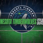 Minnesota Timberwolves schedule banner with team logo and bold green title across a basketball court background.