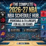Promotional graphic for The Complete 2026-27 NBA Schedule Hub with team logos grid on sides and central title, in a basketball arena setting.