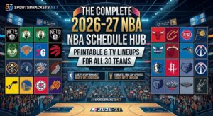 Promotional graphic for The Complete 2026-27 NBA Schedule Hub with team logos grid on sides and central title, in a basketball arena setting.