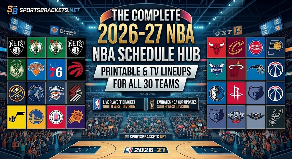 Promotional graphic for The Complete 2026-27 NBA Schedule Hub with team logos grid on sides and central title, in a basketball arena setting.