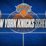 Knicks logo over a blue-orange basketball court with the words 'New York Knicks Schedule' across the center.