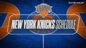 Knicks logo over a blue-orange basketball court with the words 'New York Knicks Schedule' across the center.