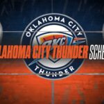 Graphic showing Oklahoma City Thunder schedule with team logo and bold orange title text across the center