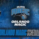 Orlando Magic schedule graphic with the team logo and bold blue text on a textured blue background.