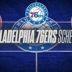 Graphic announcing the Philadelphia 76ers schedule on a blue basketball court, with the team logo and bold white text across the center.