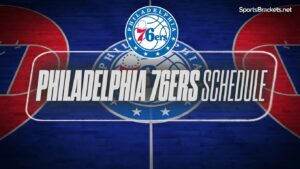 Graphic announcing the Philadelphia 76ers schedule on a blue basketball court, with the team logo and bold white text across the center.