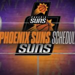 Phoenix Suns schedule graphic on a purple-orange basketball court with the team logo in the center (SportsBrackets.net watermark).