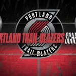 Graphic showing 'Portland Trail Blazers Schedule' with the team logo in the center, red and black design, and a 'SportsBrackets.net' watermark.