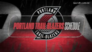 Graphic showing 'Portland Trail Blazers Schedule' with the team logo in the center, red and black design, and a 'SportsBrackets.net' watermark.