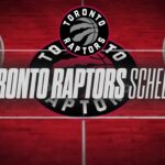 Toronto Raptors schedule graphic on a red basketball court, with the team logo and SportsBrackets.net watermark.