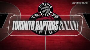 Toronto Raptors schedule graphic on a red basketball court, with the team logo and SportsBrackets.net watermark.