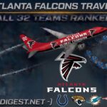 Banner announcing '2026 Atlanta Falcons Travel Miles' featuring a red Falcons plane and large Falcons logo, with row of team logos at the bottom.