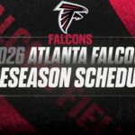 Atlanta Falcons logo above bold text that says 2026 Atlanta Falcons Preseason Schedule on a black and red background.