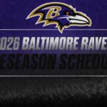 Baltimore Ravens 2026 preseason schedule banner with team logo on purple backdrop.