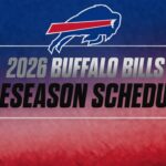 Buffalo Bills 2026 preseason schedule graphic with team logo on a blue-red gradient background.