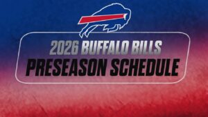 Buffalo Bills 2026 preseason schedule graphic with team logo on a blue-red gradient background.