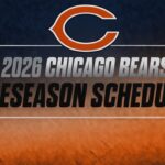 Chicago Bears 2026 preseason schedule banner with team logo on a blue-to-orange gradient background, rounded rectangle frame above text.